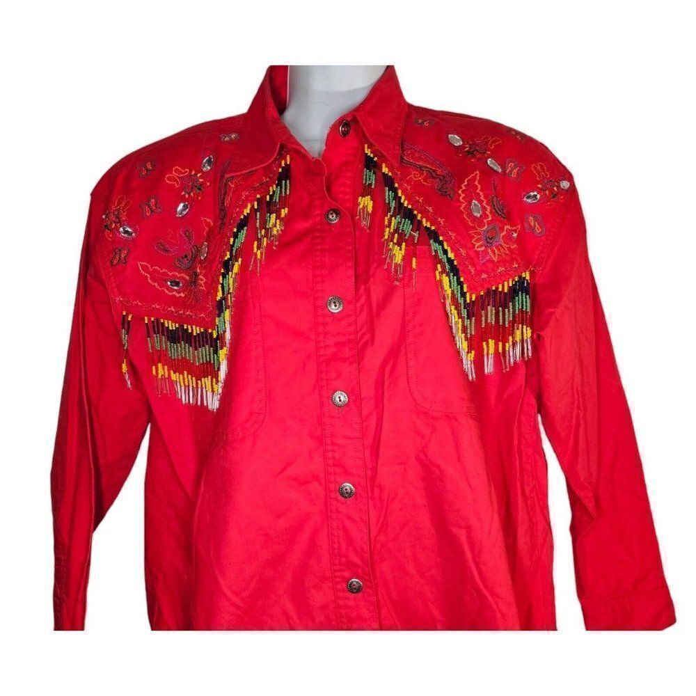 Vintage 90s Shirt Womens M Red Southwestern Cowboy Western Shoulder Pads Beads